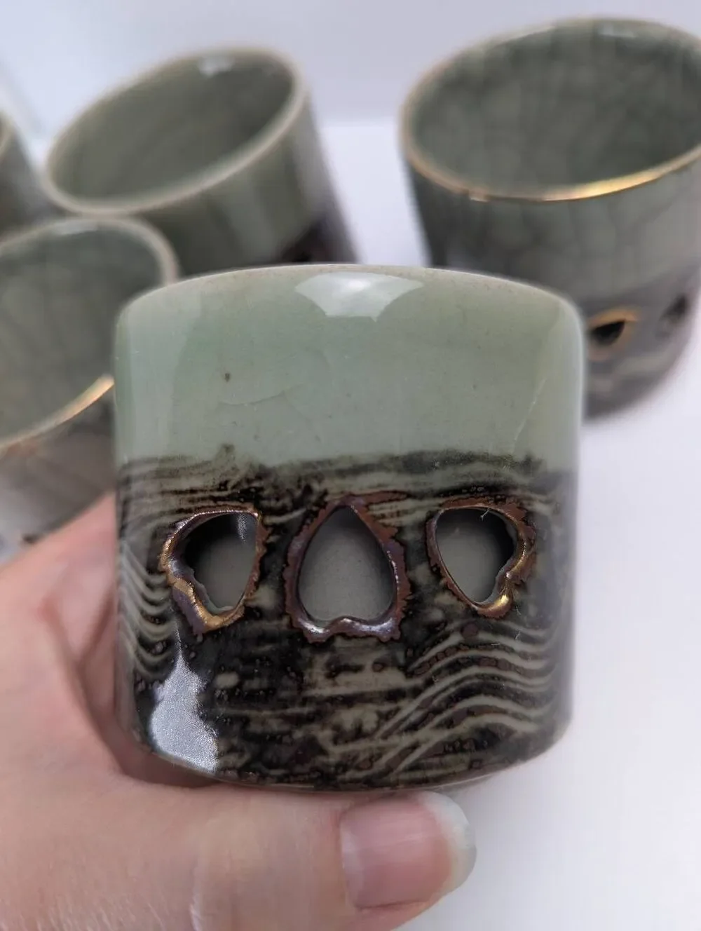 Vintage Somayaki Japanese Tea Cups Set of 6  Crackle Celadon Double Walled Horse